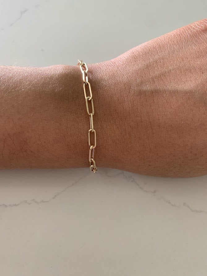 14k Solid Gold Paperclip Link Bracelet | Rectangular Link Chain Bracelet | Everyday Staple Bracelet