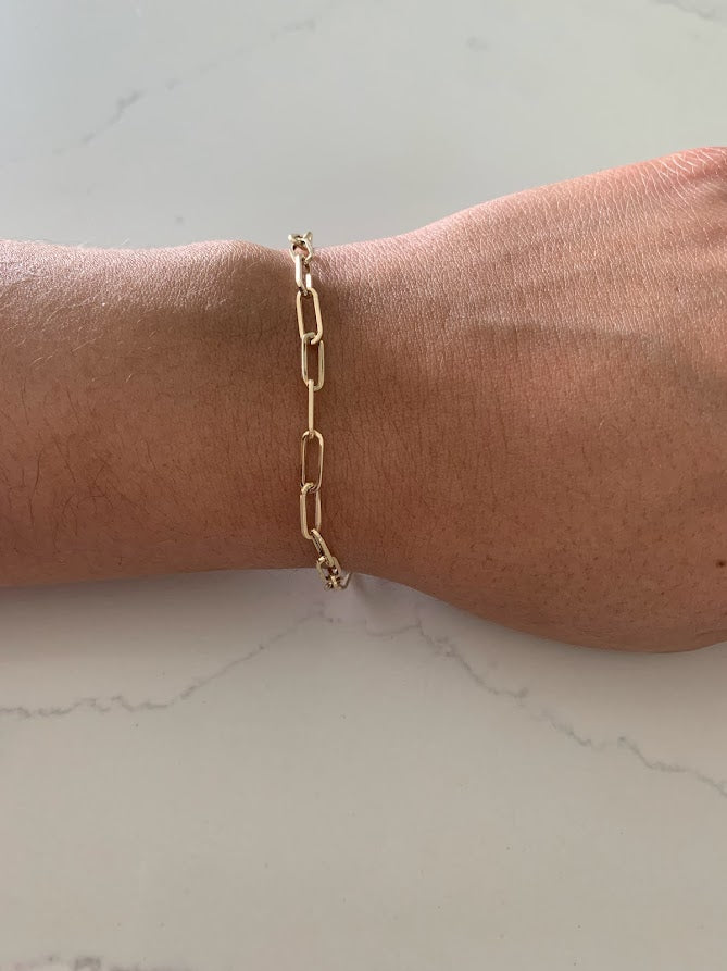 14k Solid Gold Paperclip Link Bracelet | Rectangular Link Chain Bracelet | Everyday Staple Bracelet