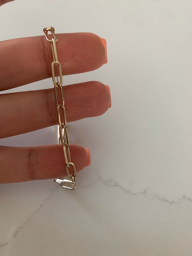 14k Solid Gold Paperclip Link Bracelet | Rectangular Link Chain Bracelet | Everyday Staple Bracelet