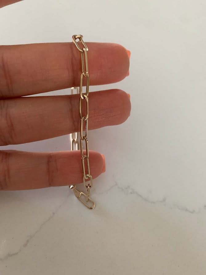 14k Solid Gold Paperclip Link Bracelet | Rectangular Link Chain Bracelet | Everyday Staple Bracelet