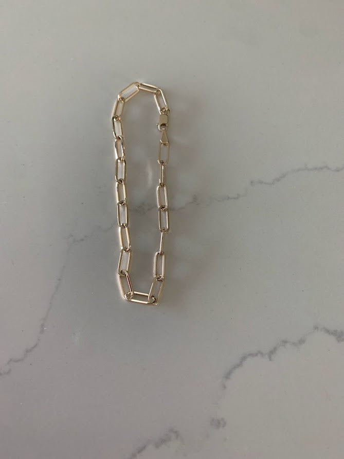 14k Solid Gold Paperclip Link Bracelet | Rectangular Link Chain Bracelet | Everyday Staple Bracelet