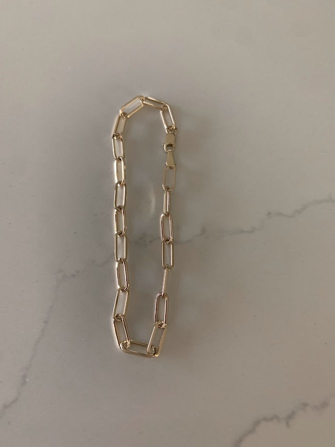 14k Solid Gold Paperclip Link Bracelet | Rectangular Link Chain Bracelet | Everyday Staple Bracelet