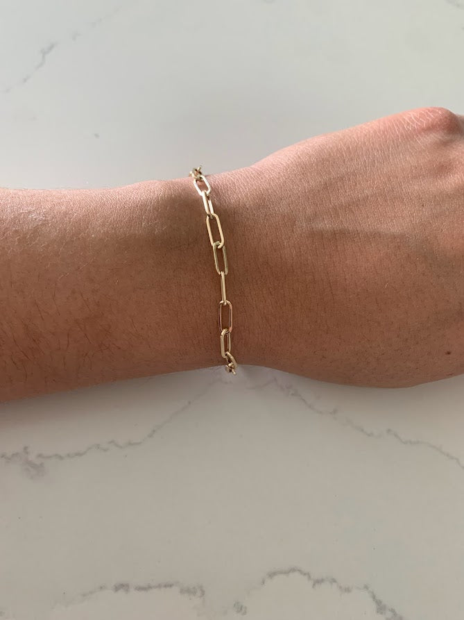 14k Solid Gold Paperclip Link Bracelet | Rectangular Link Chain Bracelet | Everyday Staple Bracelet