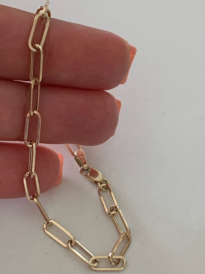 14k Solid Gold Paperclip Link Bracelet | Rectangular Link Chain Bracelet | Everyday Staple Bracelet