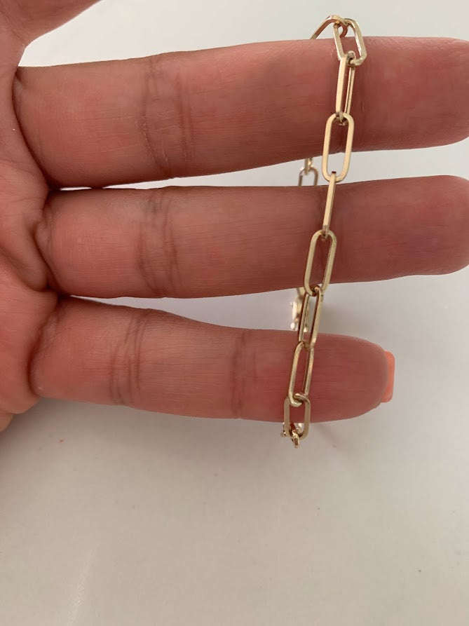 14k Solid Gold Paperclip Link Bracelet | Rectangular Link Chain Bracelet | Everyday Staple Bracelet