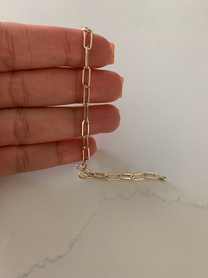 14k Solid Gold Paperclip Link Bracelet | Rectangular Link Chain Bracelet | Everyday Staple Bracelet