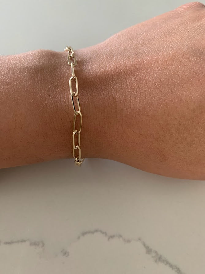 14k Solid Gold Paperclip Link Bracelet | Rectangular Link Chain Bracelet | Everyday Staple Bracelet