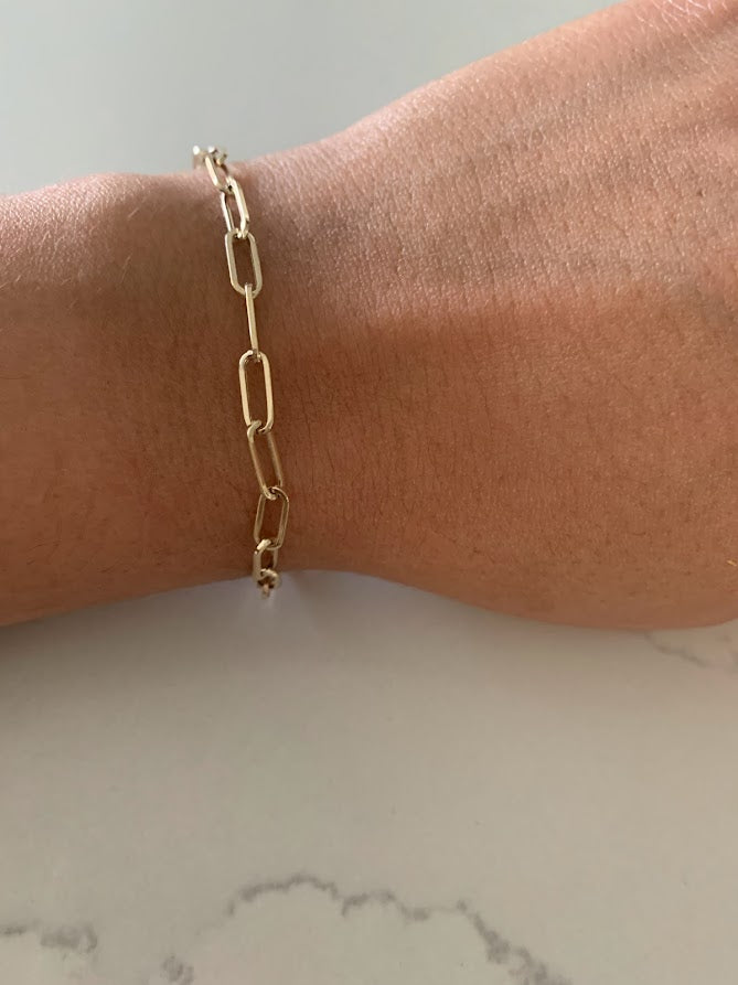 14k Solid Gold Paperclip Link Bracelet | Rectangular Link Chain Bracelet | Everyday Staple Bracelet