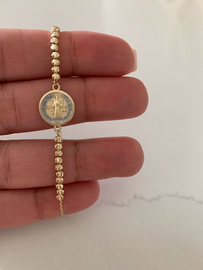14k Gold Saint Benedict Bracelet, Beaded Adjustable Religious Bracelet