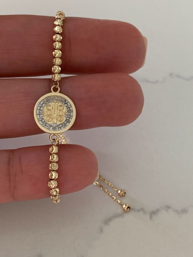 14k Gold Saint Benedict Bracelet, Beaded Adjustable Religious Bracelet