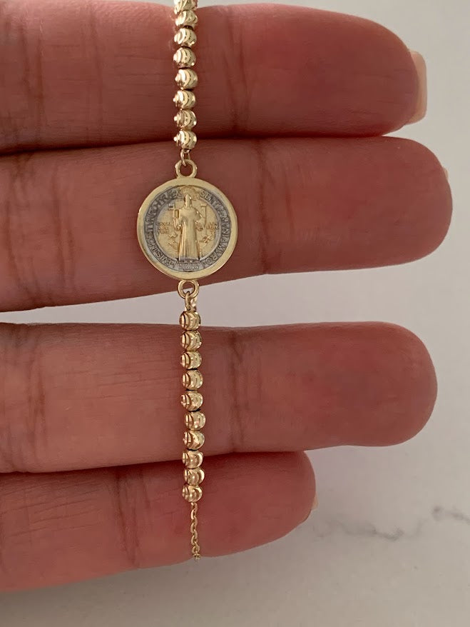 14k Gold Saint Benedict Bracelet, Beaded Adjustable Religious Bracelet