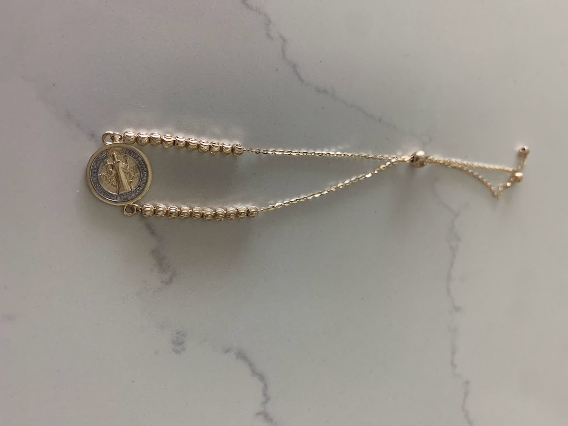 14k Gold Saint Benedict Bracelet, Beaded Adjustable Religious Bracelet