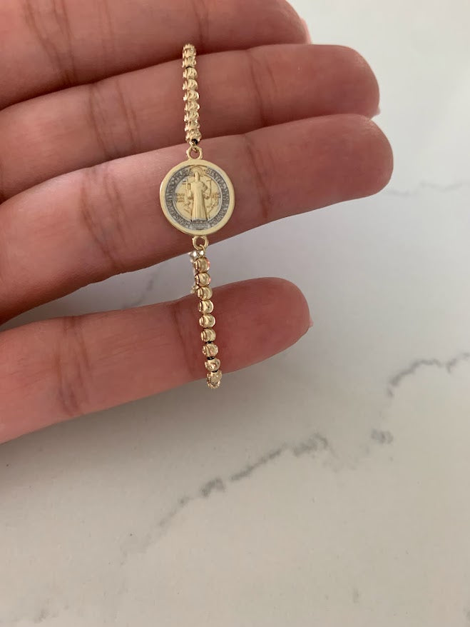 14k Gold Saint Benedict Bracelet, Beaded Adjustable Religious Bracelet