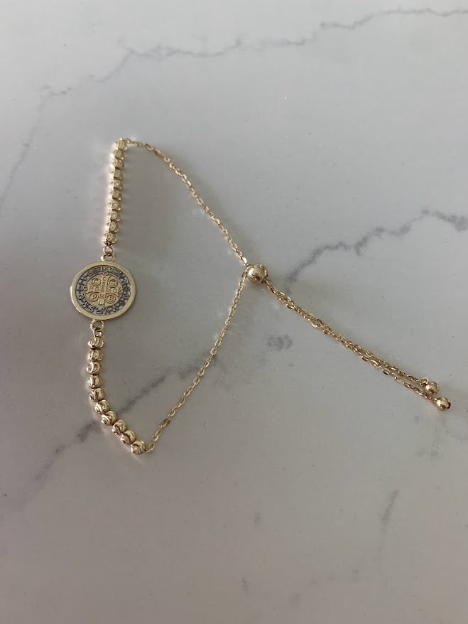 14k Gold Saint Benedict Bracelet, Beaded Adjustable Religious Bracelet