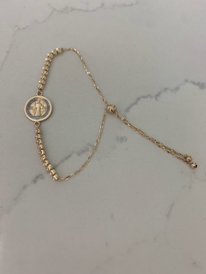 14k Gold Saint Benedict Bracelet, Beaded Adjustable Religious Bracelet
