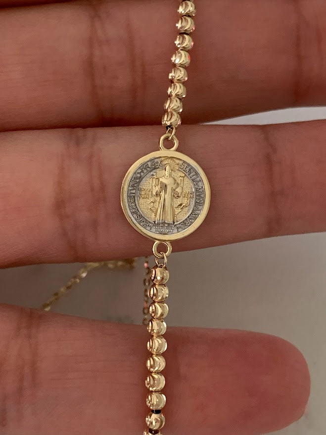 14k Gold Saint Benedict Bracelet, Beaded Adjustable Religious Bracelet