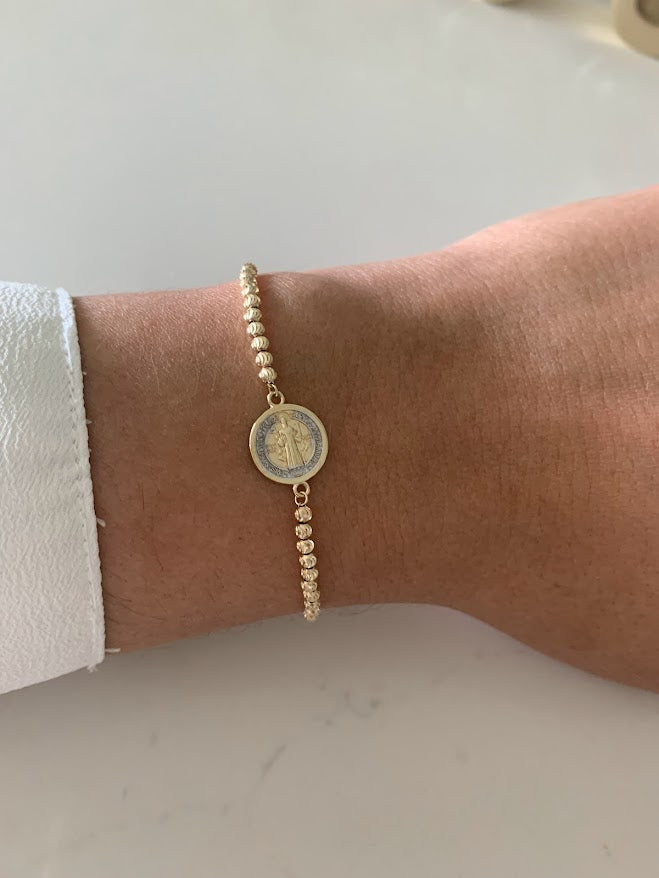 14k Gold Saint Benedict Bracelet, Beaded Adjustable Religious Bracelet