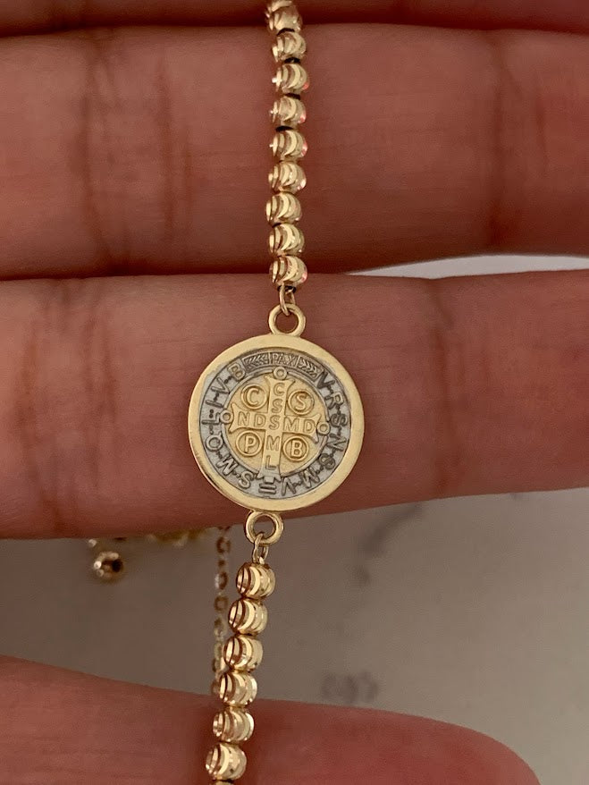14k Gold Saint Benedict Bracelet, Beaded Adjustable Religious Bracelet