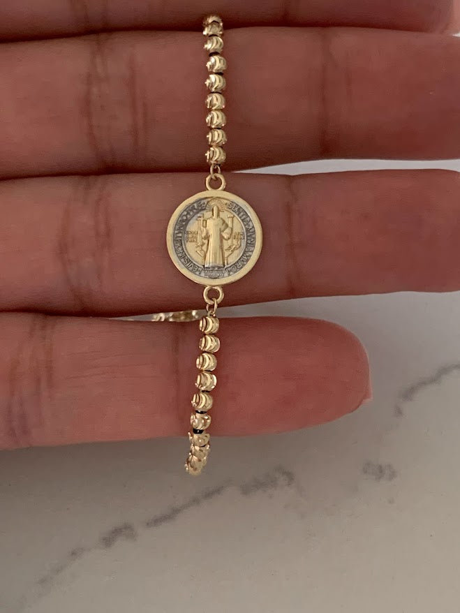 14k Gold Saint Benedict Bracelet, Beaded Adjustable Religious Bracelet