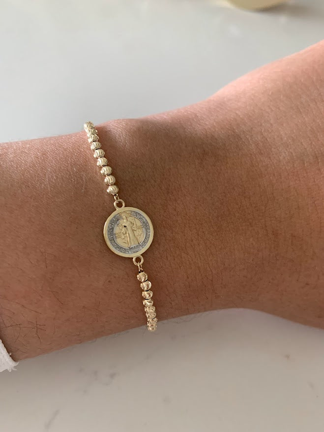 14k Gold Saint Benedict Bracelet, Beaded Adjustable Religious Bracelet