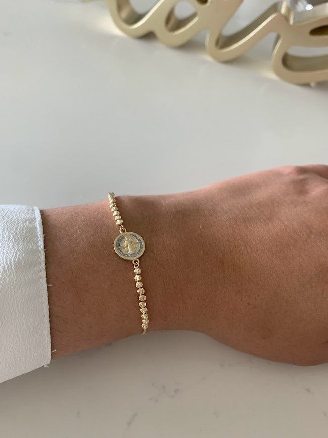 14k Gold Saint Benedict Bracelet, Beaded Adjustable Religious Bracelet