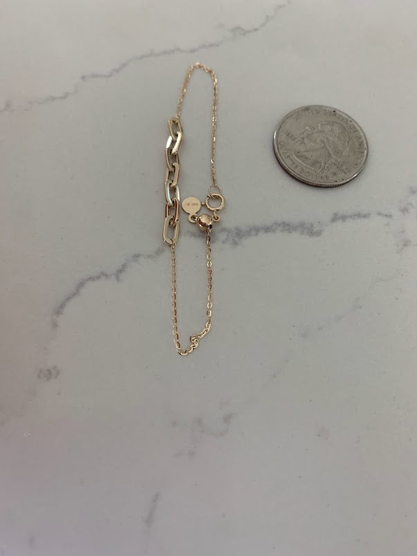 14K Yellow Gold Paperclip Link Bracelet With adjustable ball Clasp 7" Inch, 4mm Oval Links, Real Gold Bracelet, Women, Jewelry For Women