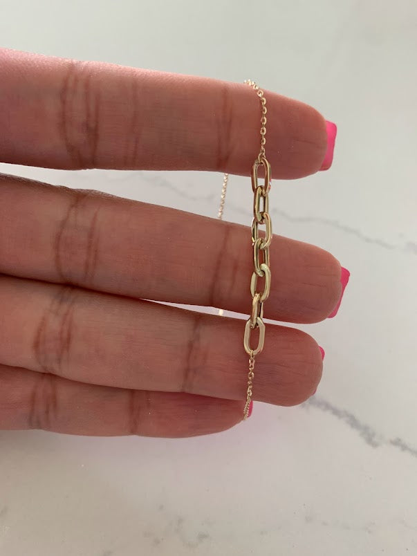 14K Yellow Gold Paperclip Link Bracelet With adjustable ball Clasp 7" Inch, 4mm Oval Links, Real Gold Bracelet, Women, Jewelry For Women