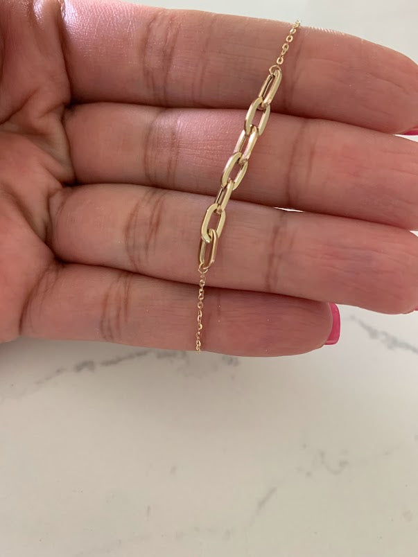 14K Yellow Gold Paperclip Link Bracelet With adjustable ball Clasp 7" Inch, 4mm Oval Links, Real Gold Bracelet, Women, Jewelry For Women