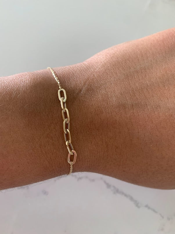 14K Yellow Gold Paperclip Link Bracelet With adjustable ball Clasp 7" Inch, 4mm Oval Links, Real Gold Bracelet, Women, Jewelry For Women