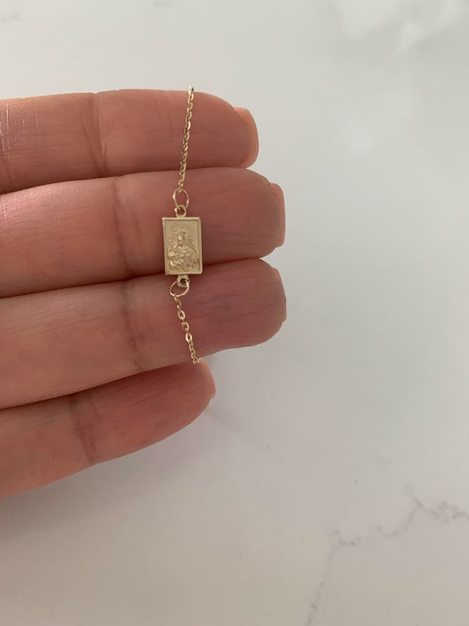 14K Solid Gold Scapular Pendant Bracelet | Yellow Gold Scapular Bracelet | 14K Solid Gold Mount of Carmel Virgin and Sacred Heart of Jesus