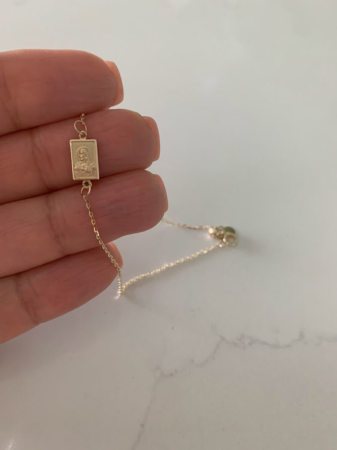 14K Solid Gold Scapular Pendant Bracelet | Yellow Gold Scapular Bracelet | 14K Solid Gold Mount of Carmel Virgin and Sacred Heart of Jesus
