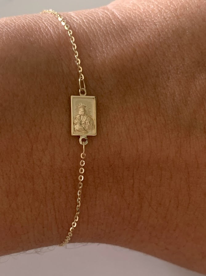 14K Solid Gold Scapular Pendant Bracelet | Yellow Gold Scapular Bracelet | 14K Solid Gold Mount of Carmel Virgin and Sacred Heart of Jesus