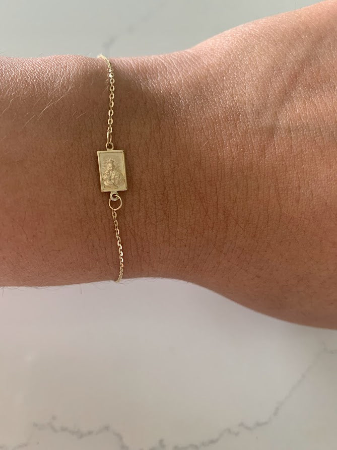 14K Solid Gold Scapular Pendant Bracelet | Yellow Gold Scapular Bracelet | 14K Solid Gold Mount of Carmel Virgin and Sacred Heart of Jesus