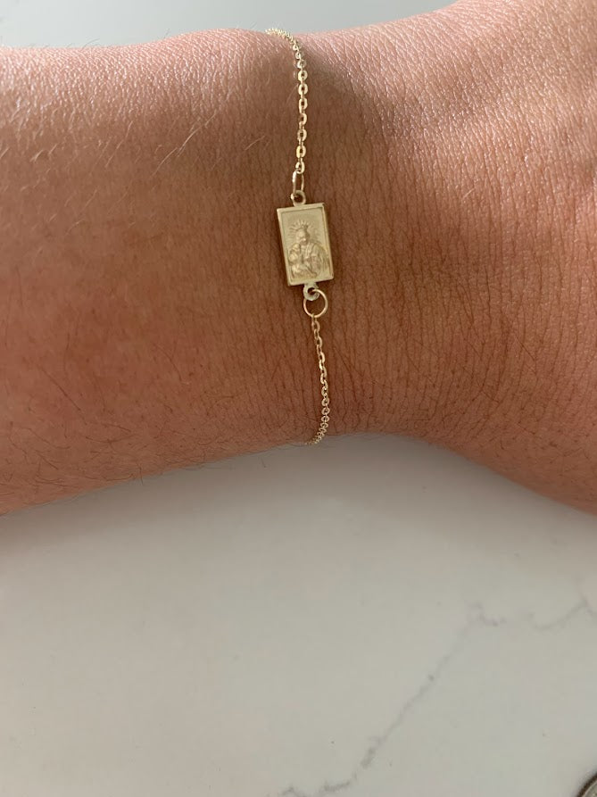 14K Solid Gold Scapular Pendant Bracelet | Yellow Gold Scapular Bracelet | 14K Solid Gold Mount of Carmel Virgin and Sacred Heart of Jesus