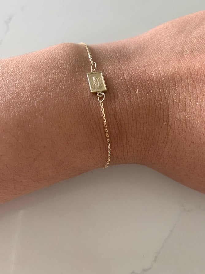 14K Solid Gold Scapular Pendant Bracelet | Yellow Gold Scapular Bracelet | 14K Solid Gold Mount of Carmel Virgin and Sacred Heart of Jesus