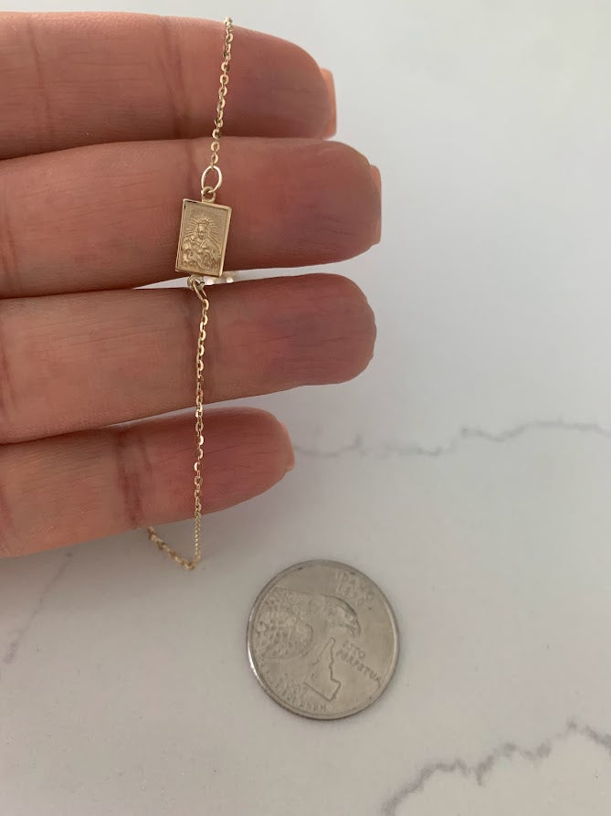 14K Solid Gold Scapular Pendant Bracelet | Yellow Gold Scapular Bracelet | 14K Solid Gold Mount of Carmel Virgin and Sacred Heart of Jesus
