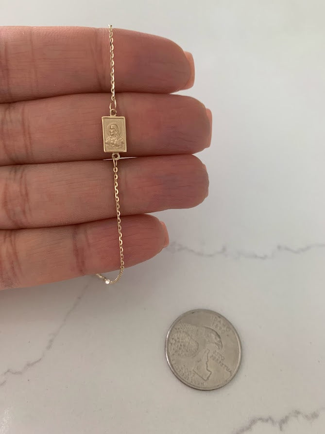 14K Solid Gold Scapular Pendant Bracelet | Yellow Gold Scapular Bracelet | 14K Solid Gold Mount of Carmel Virgin and Sacred Heart of Jesus