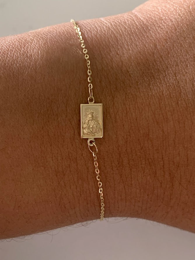 14K Solid Gold Scapular Pendant Bracelet | Yellow Gold Scapular Bracelet | 14K Solid Gold Mount of Carmel Virgin and Sacred Heart of Jesus