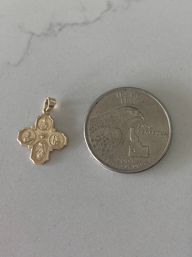 14K Solid Gold Cross | Medium Yellow Gold Cross | Catholic Pendant | 14K Solid Gold Cross Christian Pendant | Four Saint Cross
