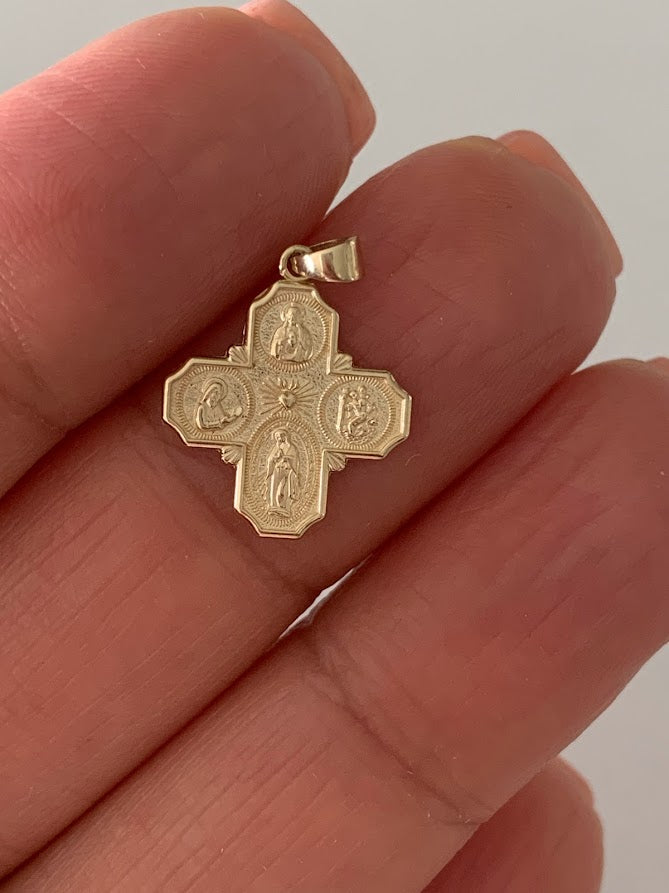 14K Solid Gold Cross | Medium Yellow Gold Cross | Catholic Pendant | 14K Solid Gold Cross Christian Pendant | Four Saint Cross