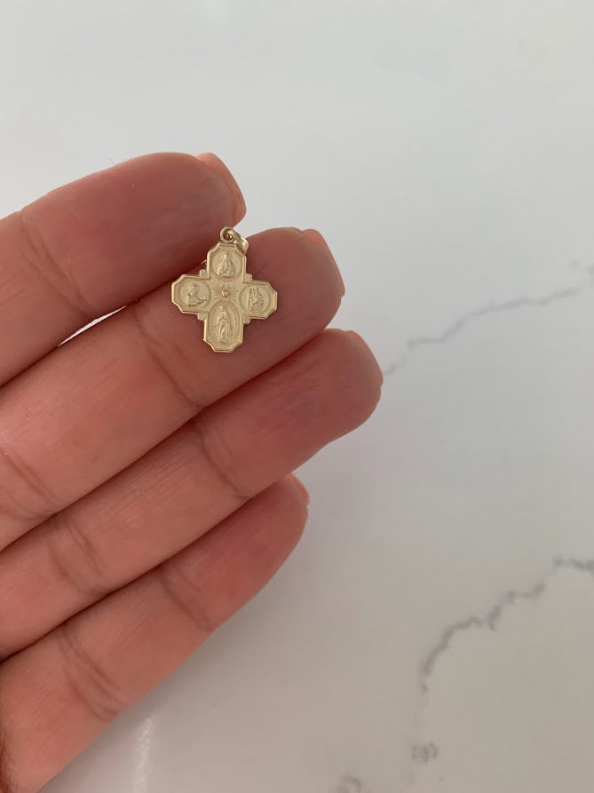 14K Solid Gold Cross | Medium Yellow Gold Cross | Catholic Pendant | 14K Solid Gold Cross Christian Pendant | Four Saint Cross