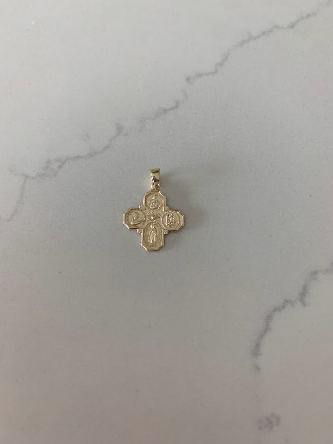 14K Solid Gold Cross | Medium Yellow Gold Cross | Catholic Pendant | 14K Solid Gold Cross Christian Pendant | Four Saint Cross