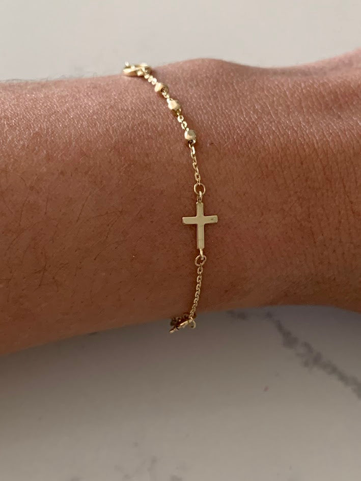 14K Yellow Gold Rosary Bracelet, Solid Gold Rosary Bracelet, Miraculous Virgin Mary Medal and Cross Bracelet, Religious Jewelry For Women