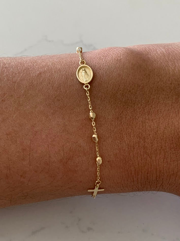 14K Yellow Gold Rosary Bracelet, Solid Gold Rosary Bracelet, Miraculous Virgin Mary Medal and Cross Bracelet, Religious Jewelry For Women