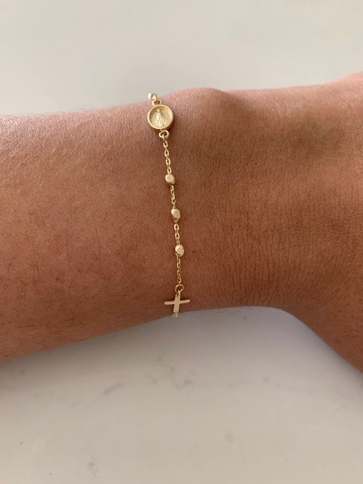 14K Yellow Gold Rosary Bracelet, Solid Gold Rosary Bracelet, Miraculous Virgin Mary Medal and Cross Bracelet, Religious Jewelry For Women