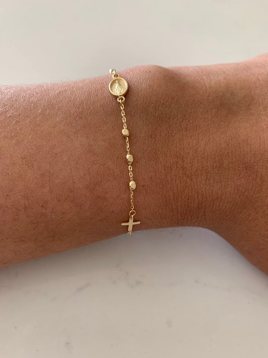 14K Yellow Gold Rosary Bracelet, Solid Gold Rosary Bracelet, Miraculous Virgin Mary Medal and Cross Bracelet, Religious Jewelry For Women
