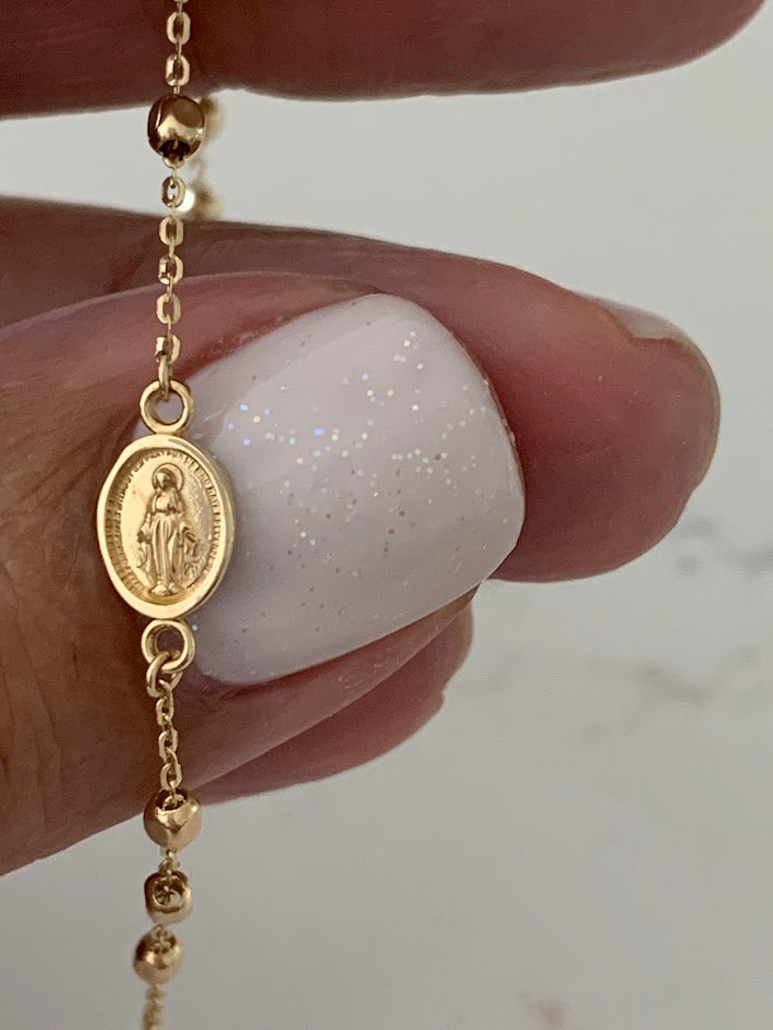 14K Yellow Gold Rosary Bracelet, Solid Gold Rosary Bracelet, Miraculous Virgin Mary Medal and Cross Bracelet, Religious Jewelry For Women