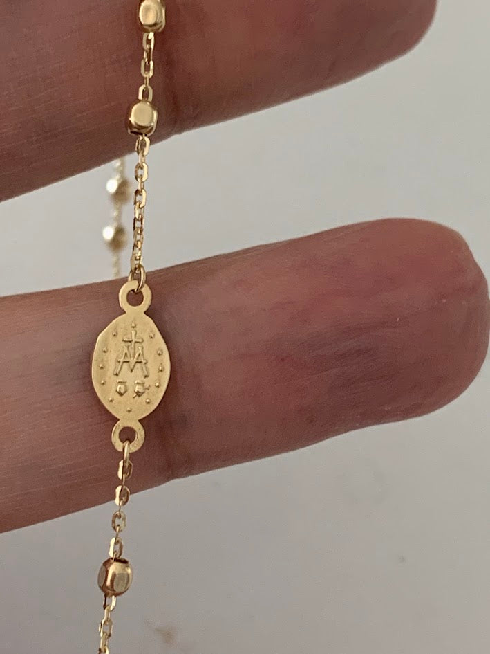 14K Yellow Gold Rosary Bracelet, Solid Gold Rosary Bracelet, Miraculous Virgin Mary Medal and Cross Bracelet, Religious Jewelry For Women
