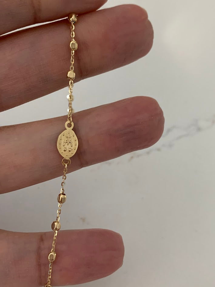 14K Yellow Gold Rosary Bracelet, Solid Gold Rosary Bracelet, Miraculous Virgin Mary Medal and Cross Bracelet, Religious Jewelry For Women