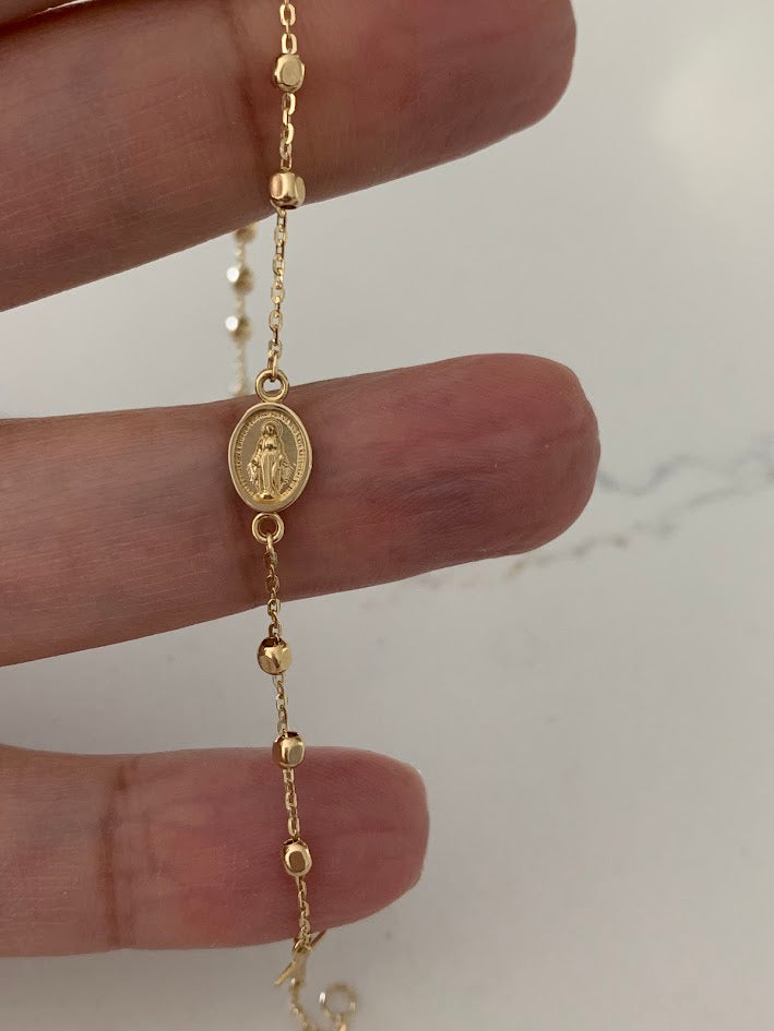 14K Yellow Gold Rosary Bracelet, Solid Gold Rosary Bracelet, Miraculous Virgin Mary Medal and Cross Bracelet, Religious Jewelry For Women